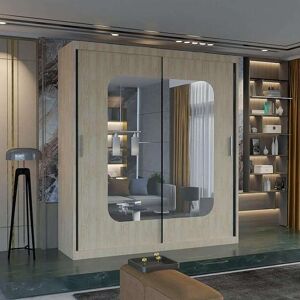 Sliding Wardrobes 4U Double Sliding Wardrobe with LED Light W180cm x H217cm x D62cm in Light Brown Light Brown Sliding Wardrobes 4U Double Sliding Wardrobe with LED Light W180cm x H217cm x D62cm in Light Brown Light Brown