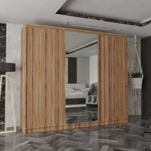 MN Furniture Reno 3 Sliding Door Wardrobe with Mirror & LED Light Oak 250x217cm Size: 250x217 cm Light Oak 250x217 cm MN Furniture Reno 3 Sliding Door Wardrobe with Mirror & LED Light Oak 250x217cm Size: 250x217 cm Light Oak 250x217 cm