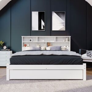 HomeTouch Rebecca White Solid Wood Double Bed Frame with Shelves & Drawer 4FT6 White Double HomeTouch Rebecca White Solid Wood Double Bed Frame with Shelves & Drawer 4FT6 White Double