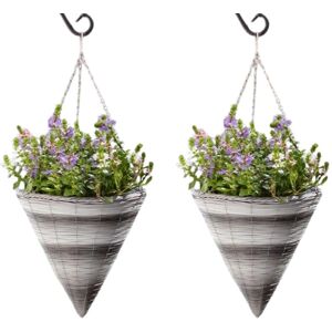 Marco Paul Garden Hanging Flower Basket 14" Rattan Effect Cone in Grey Grey Marco Paul Garden Hanging Flower Basket 14" Rattan Effect Cone in Grey Grey