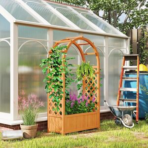 OUTSUNNY Wooden Raised Garden Bed, Trellis Planter w/ Trellis, Fabric Liner in Brown Brown OUTSUNNY Wooden Raised Garden Bed, Trellis Planter w/ Trellis, Fabric Liner in Brown Brown