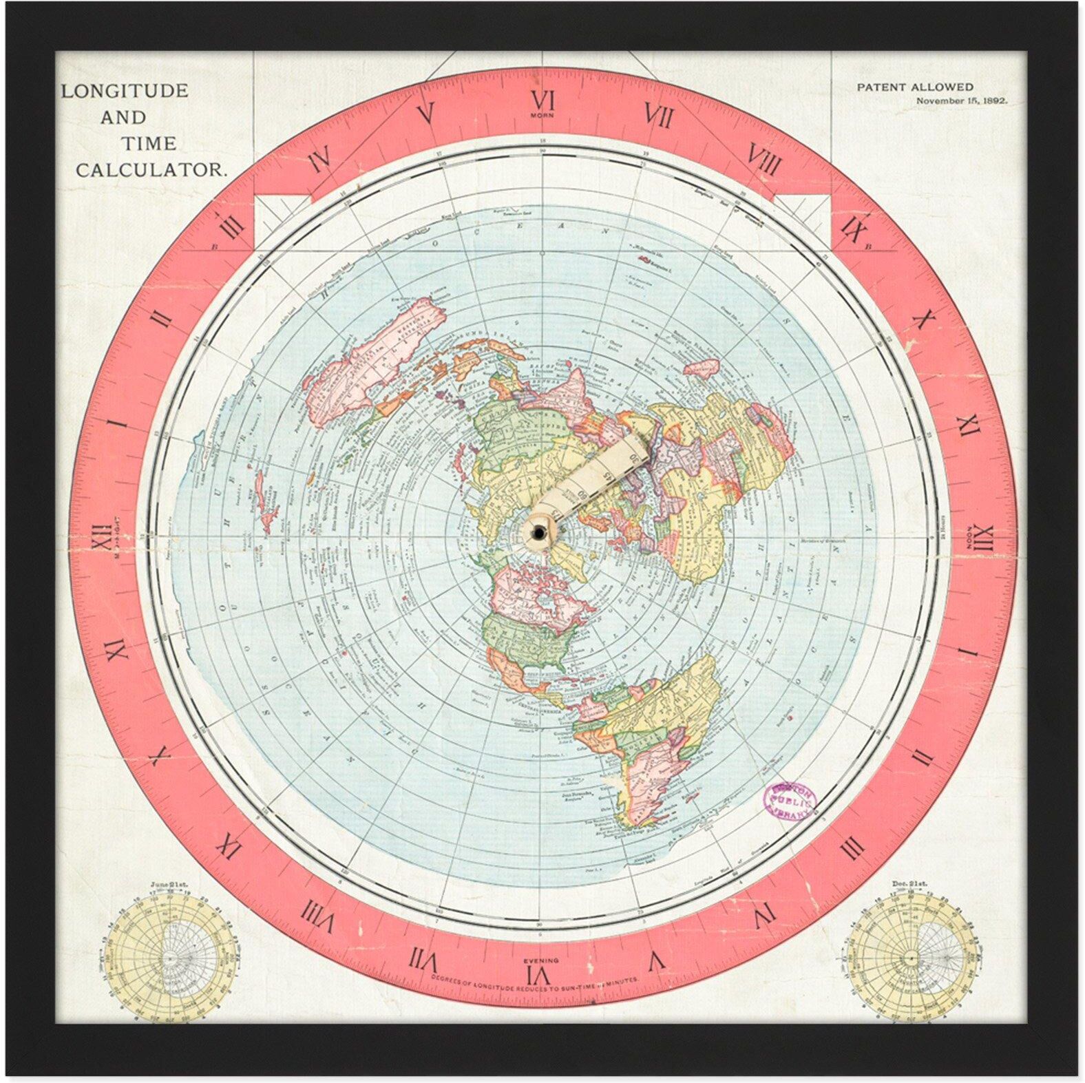 Artery8 Map Gleason 1892 World Time Calculator Flat Earth Square Framed Wall Art Print Picture 16X16 Inch