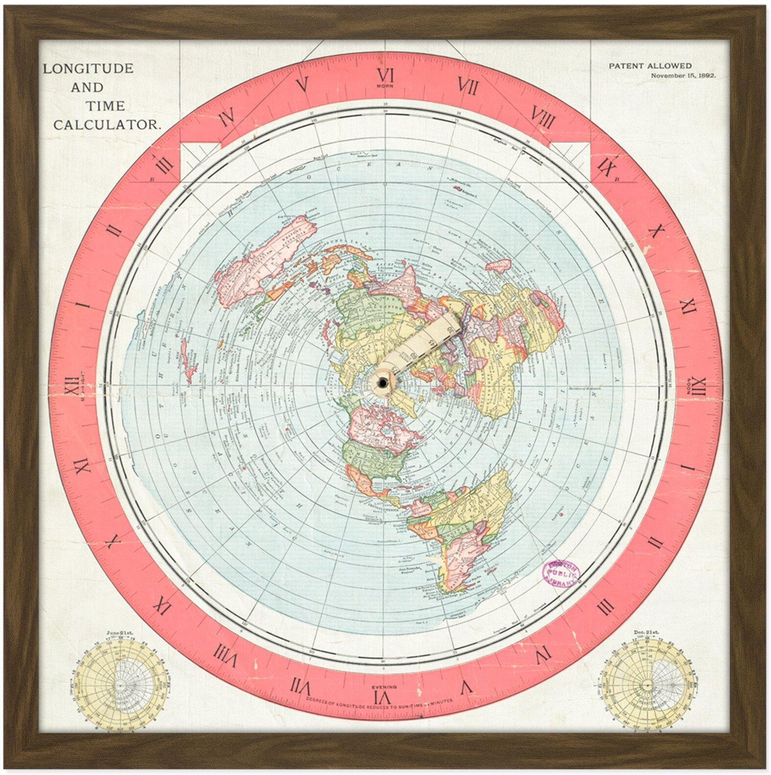 Artery8 Map Gleason 1892 World Time Calculator Flat Earth Square Framed Wall Art Print Picture 16X16 Inch