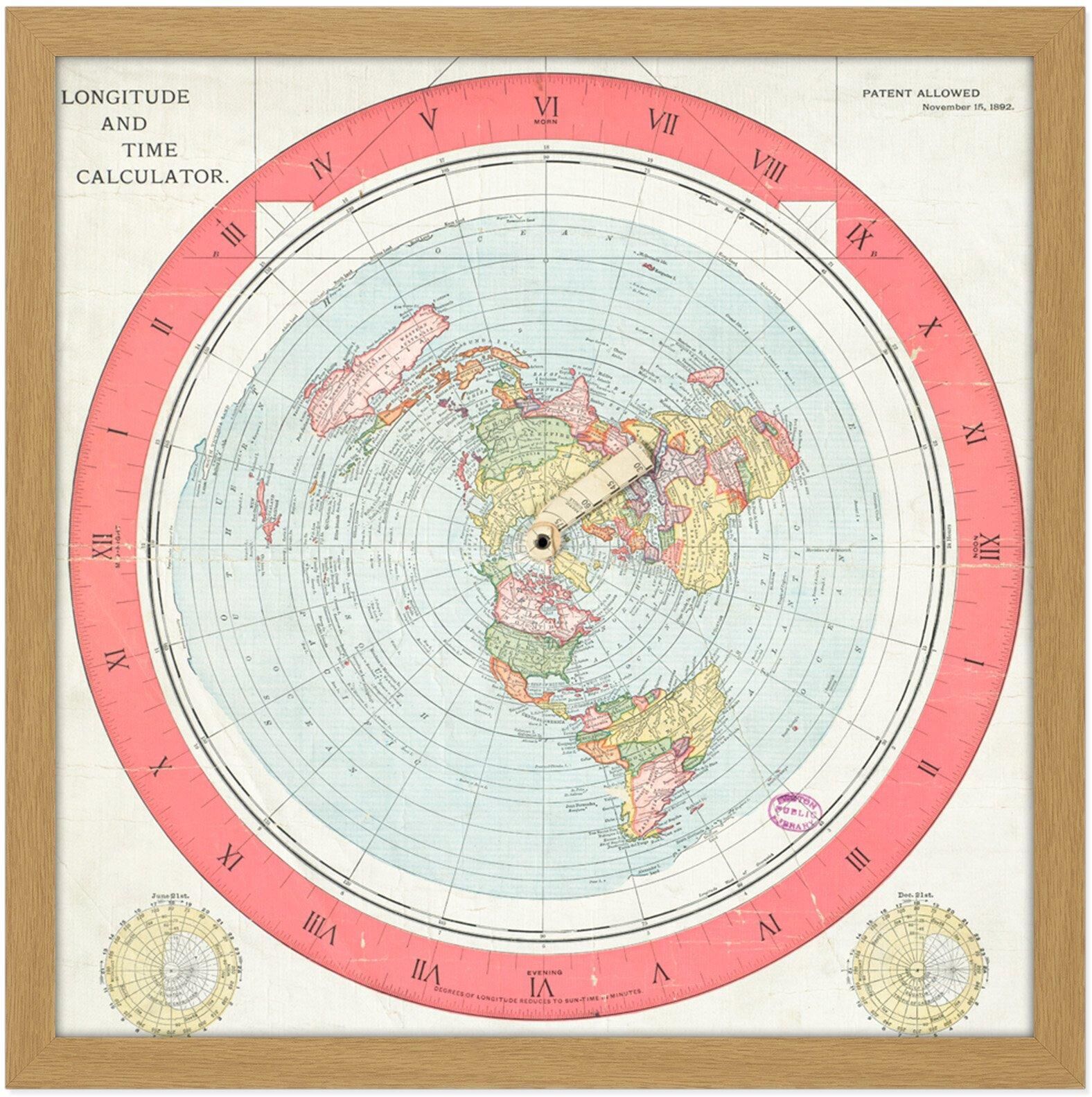 Artery8 Map Gleason 1892 World Time Calculator Flat Earth Square Framed Wall Art Print Picture 16X16 Inch