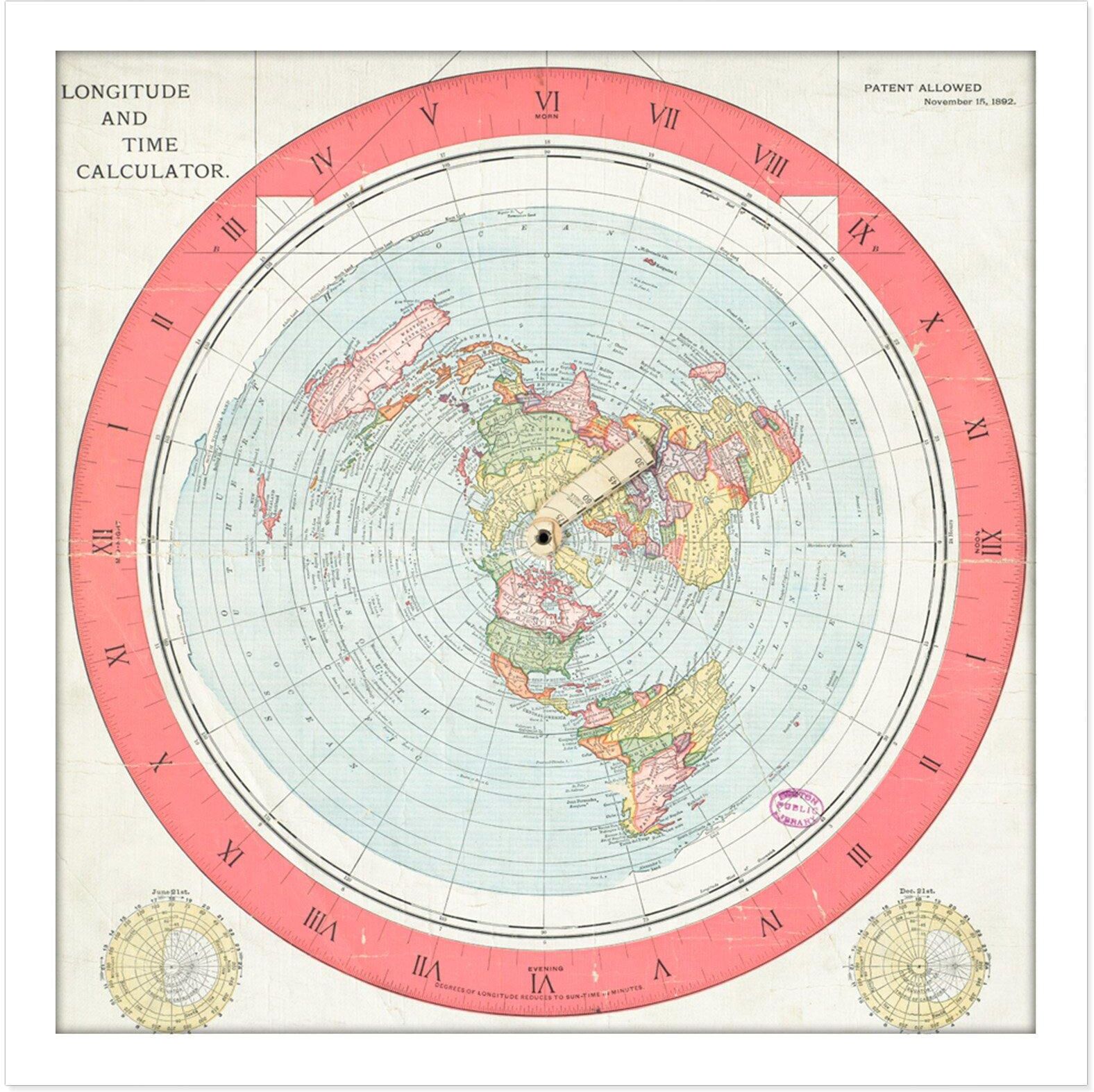 Artery8 Map Gleason 1892 World Time Calculator Flat Earth Square Framed Wall Art Print Picture 16X16 Inch