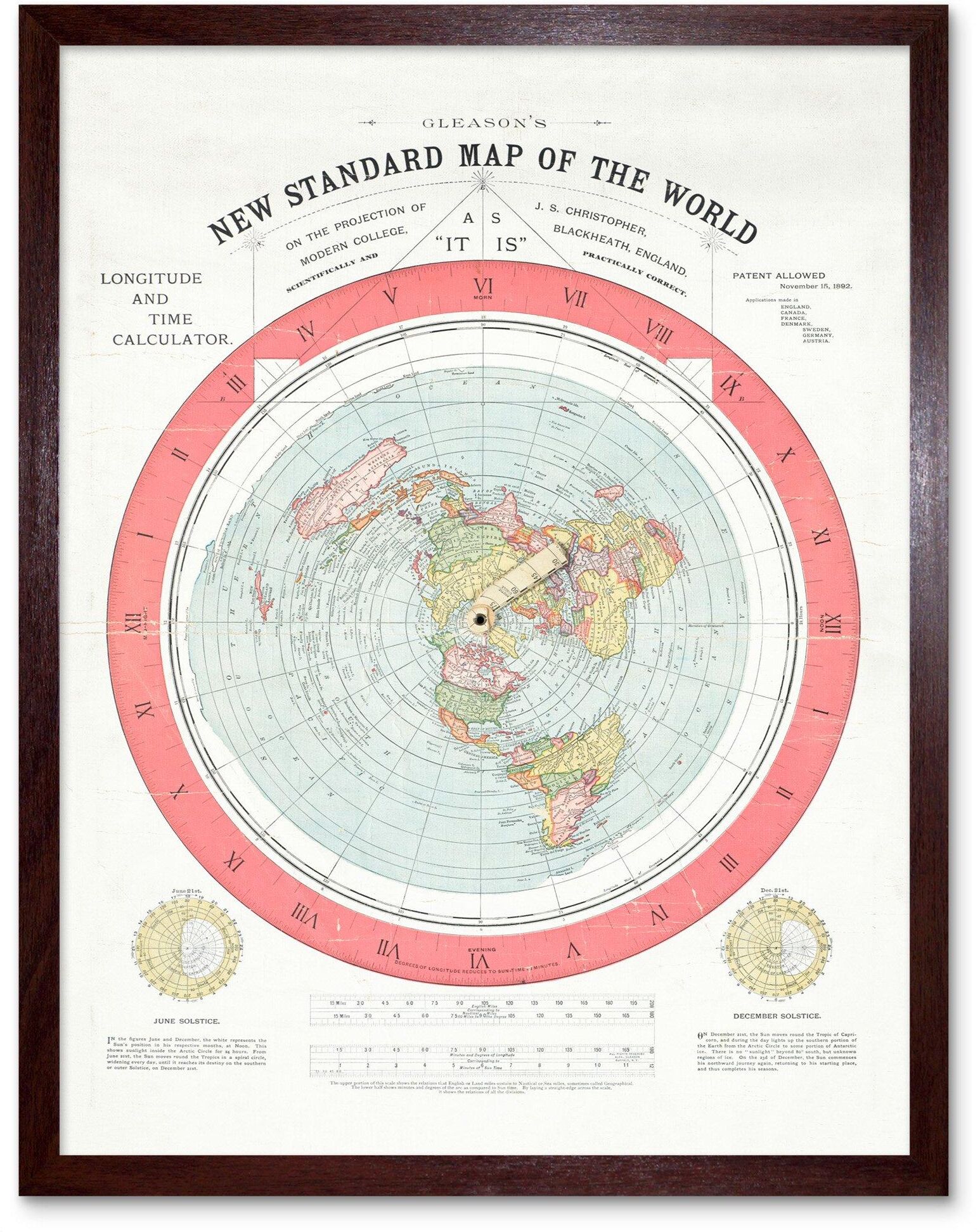 Artery8 Gleason 1892 New Standard Map of the World Time Calculator Flat Earth Vintage Poster Art Print Framed Poster Wall Decor 12x16 inch