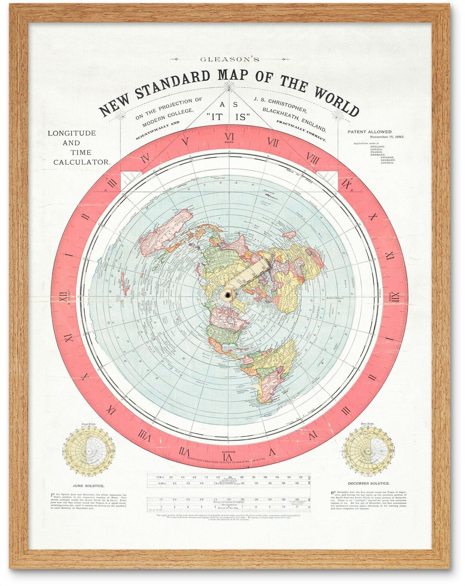 Artery8 Gleason 1892 New Standard Map of the World Time Calculator Flat Earth Vintage Poster Art Print Framed Poster Wall Decor 12x16 inch