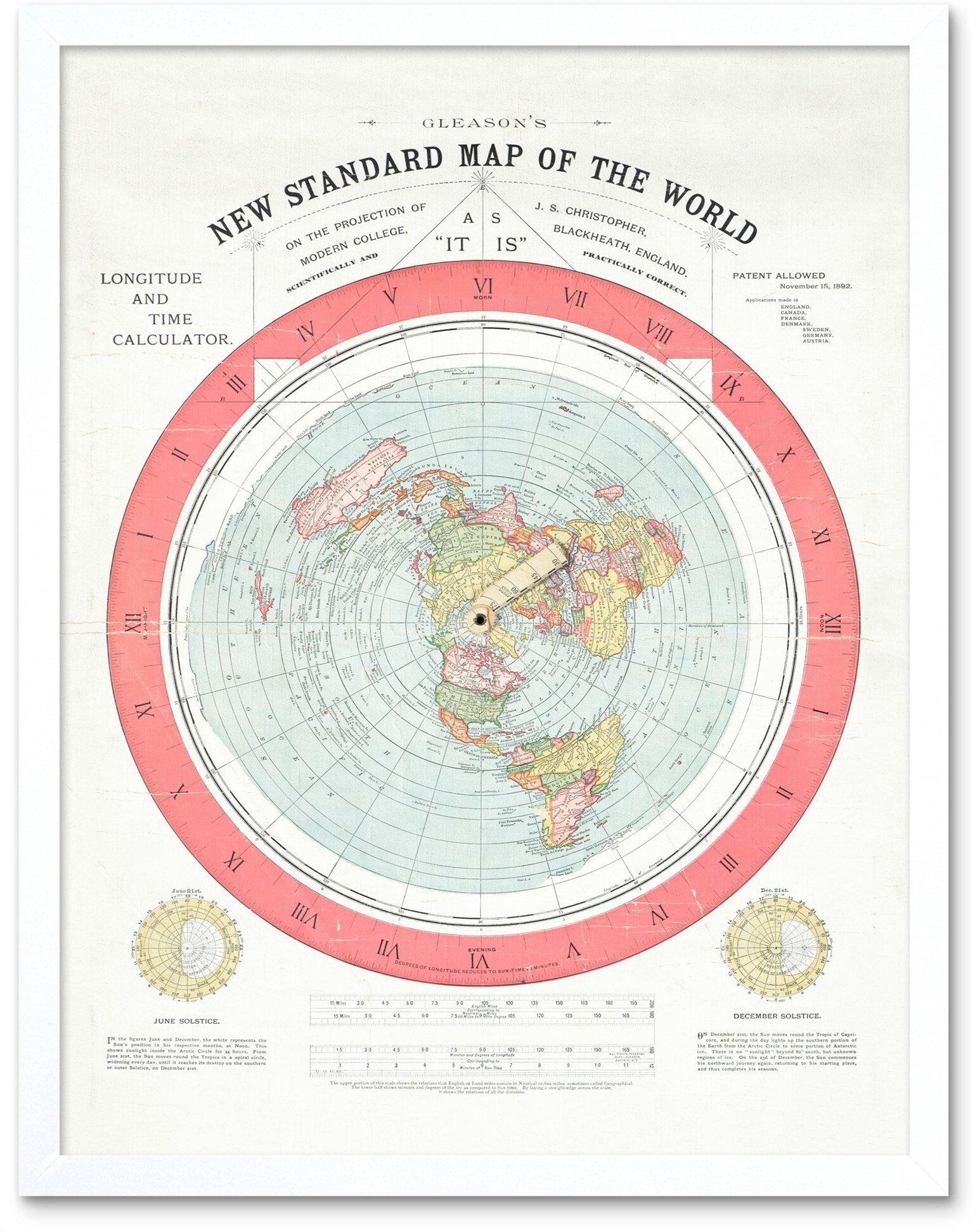 Artery8 Gleason 1892 New Standard Map of the World Time Calculator Flat Earth Vintage Poster Art Print Framed Poster Wall Decor 12x16 inch