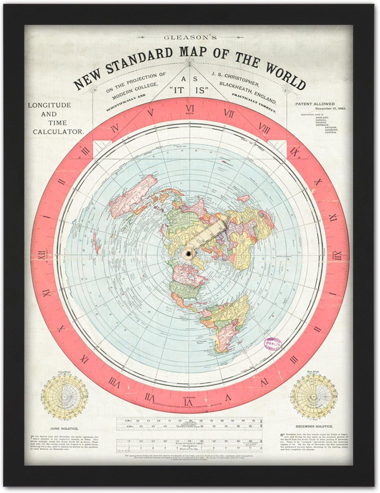 Artery8 Map Gleason 1892 World Time Calculator Flat Earth Artwork Framed Wall Art Print 18X24 Inch