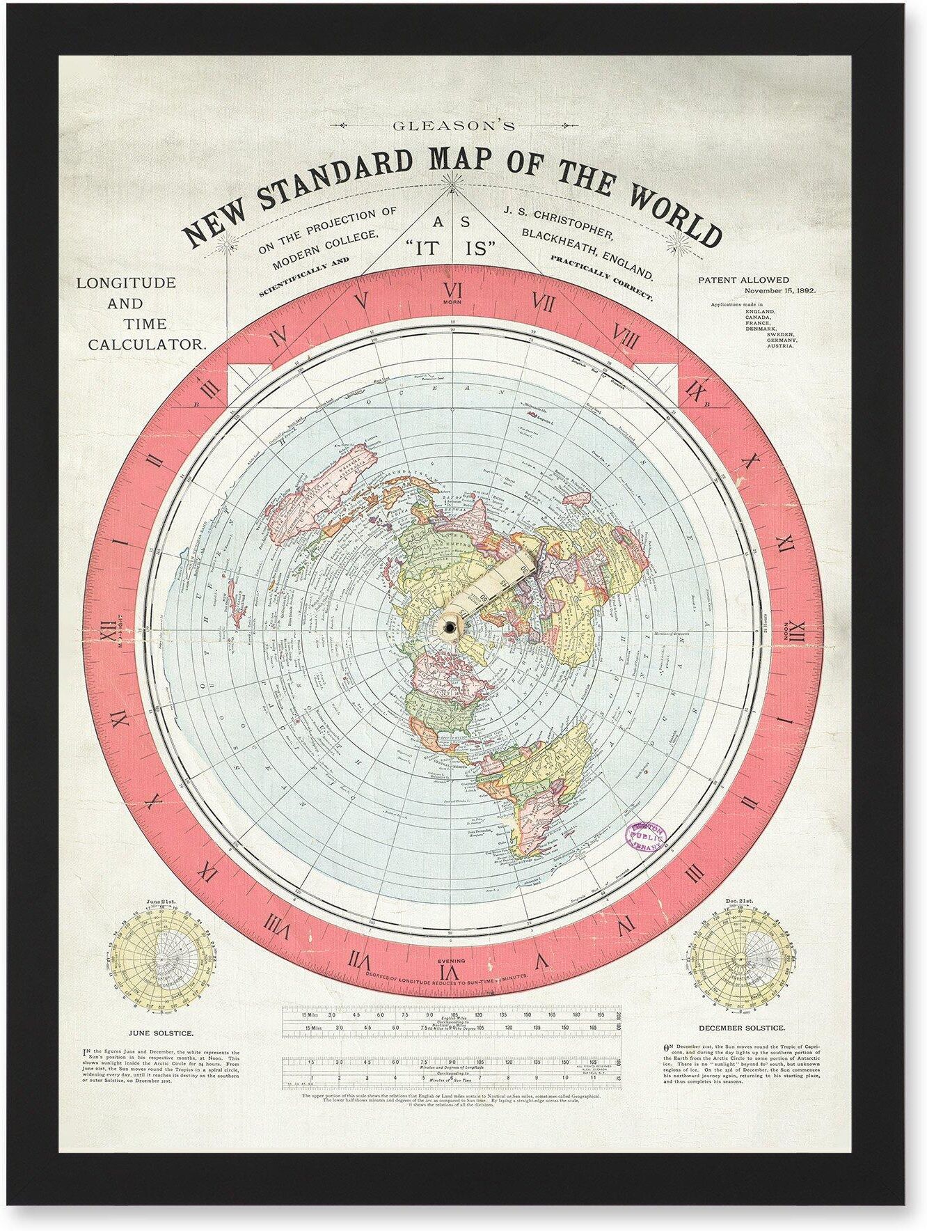 Artery8 1892 World Time Calculator Flat Earth Map Gleason A4 Artwork Framed Wall Art Print