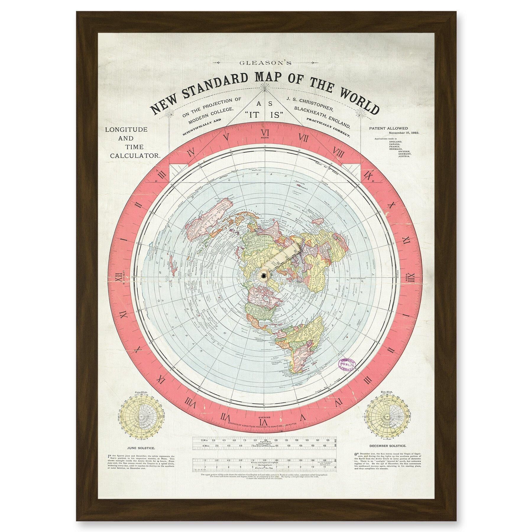 Artery8 1892 World Time Calculator Flat Earth Map Gleason A4 Artwork Framed Wall Art Print