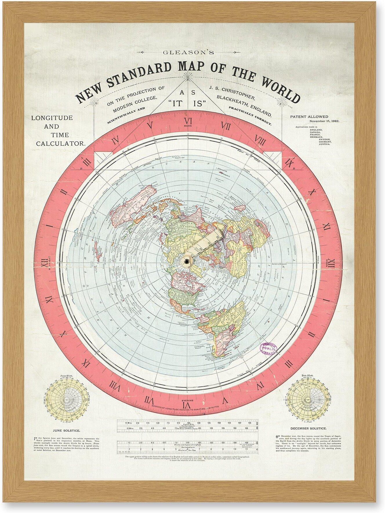 Artery8 1892 World Time Calculator Flat Earth Map Gleason A4 Artwork Framed Wall Art Print