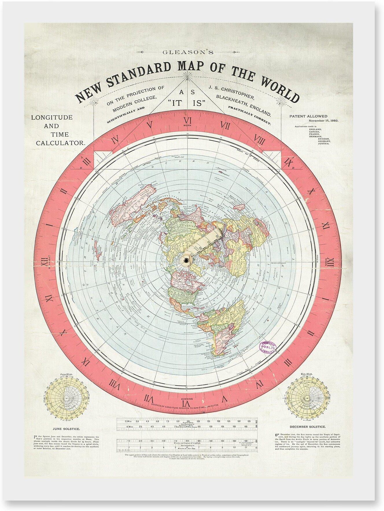 Artery8 1892 World Time Calculator Flat Earth Map Gleason A4 Artwork Framed Wall Art Print