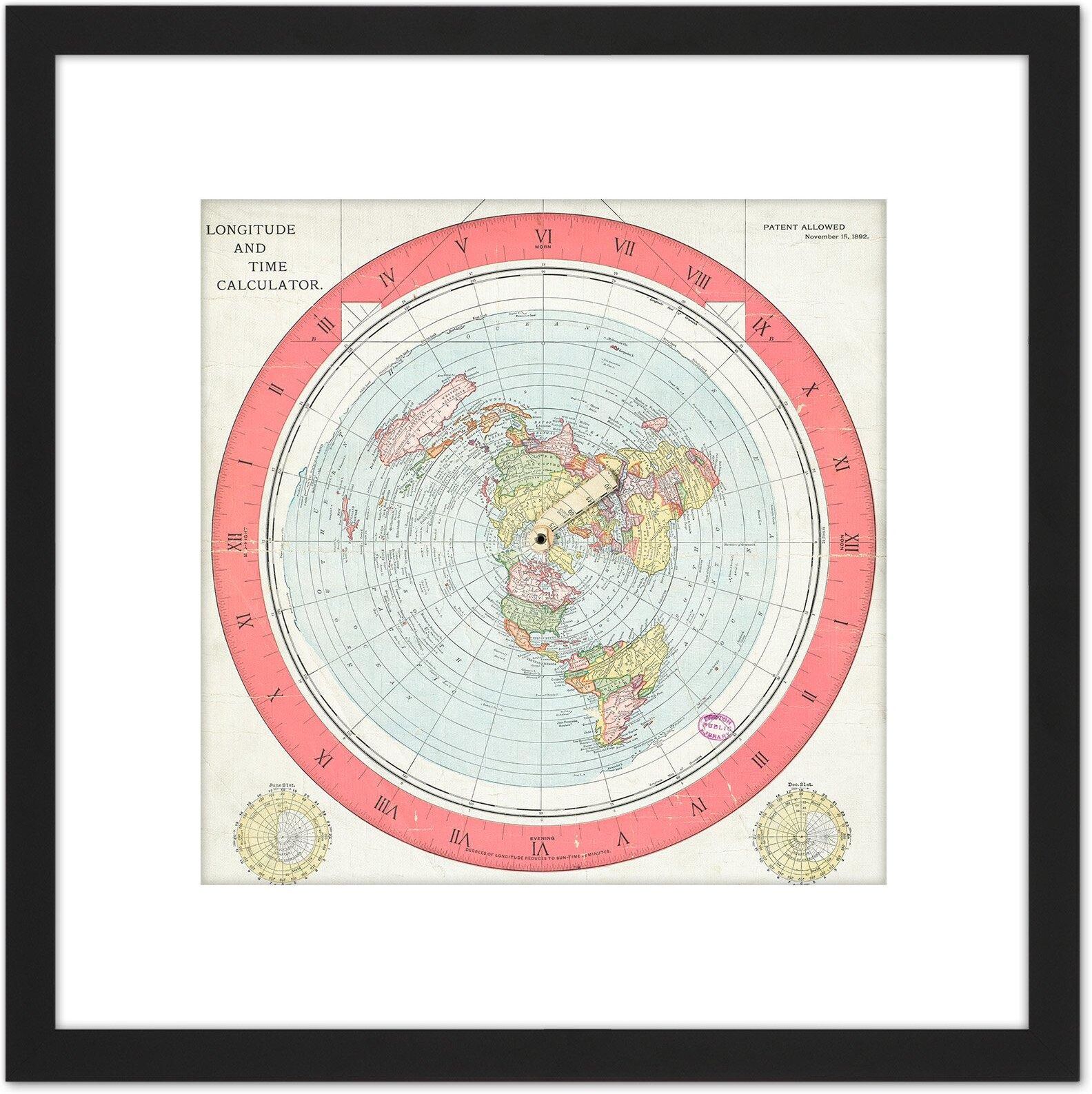 Artery8 Map Gleason 1892 World Time Calculator Flat Earth 8X8 Inch Square Wooden Framed Wall Art Print Picture with Mount