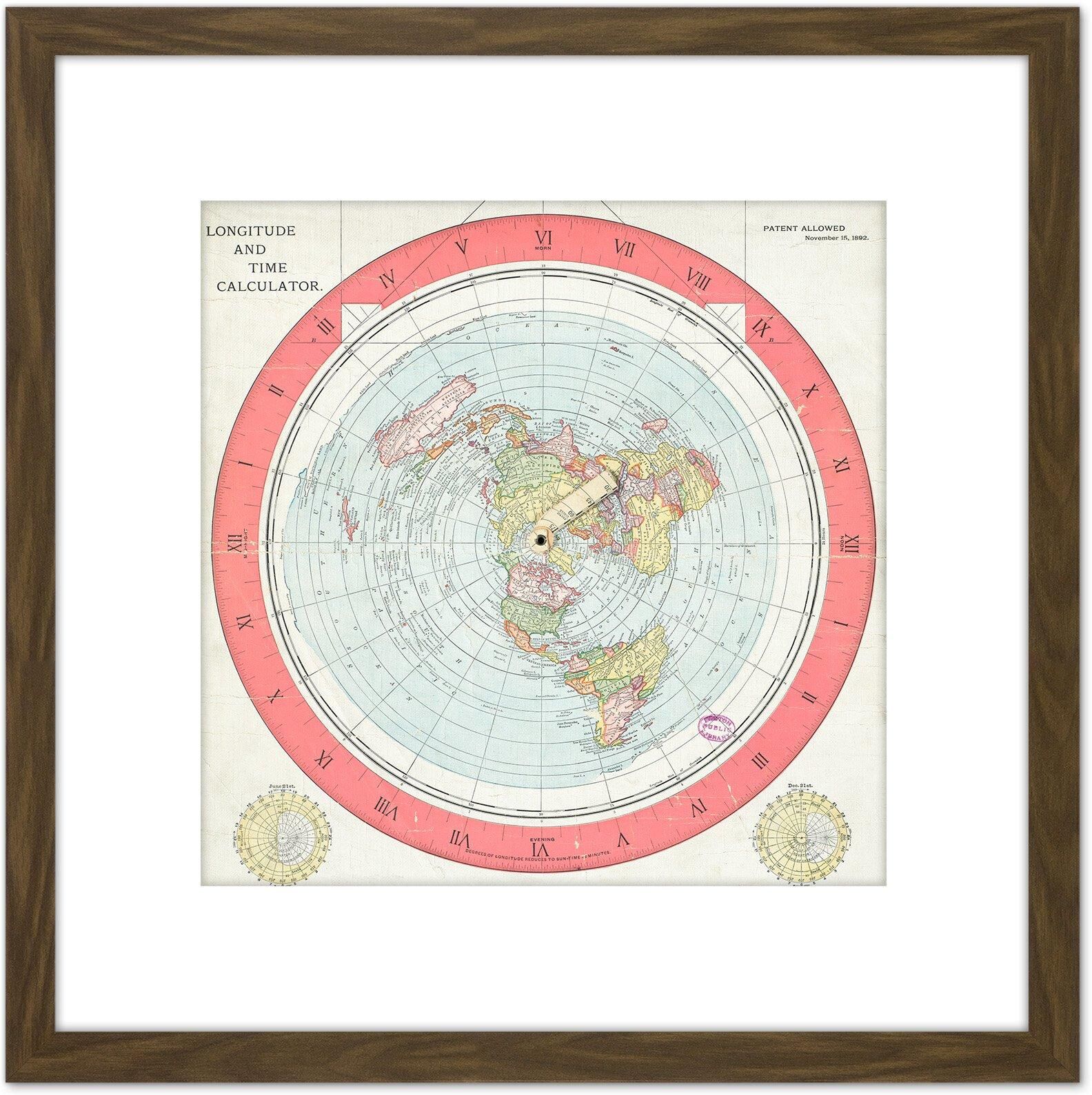 Artery8 Map Gleason 1892 World Time Calculator Flat Earth 8X8 Inch Square Wooden Framed Wall Art Print Picture with Mount