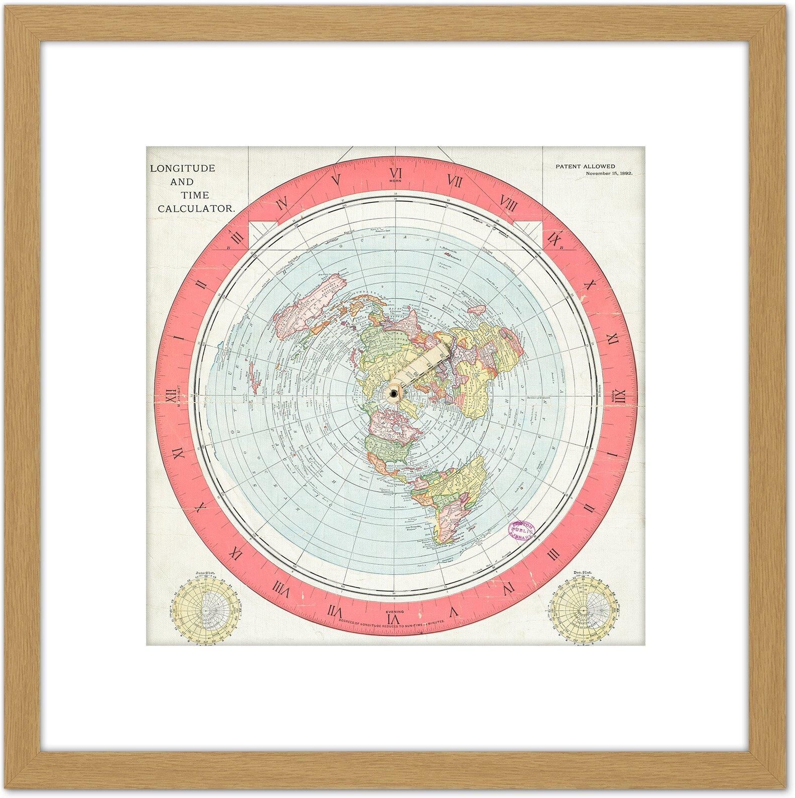 Artery8 Map Gleason 1892 World Time Calculator Flat Earth 8X8 Inch Square Wooden Framed Wall Art Print Picture with Mount