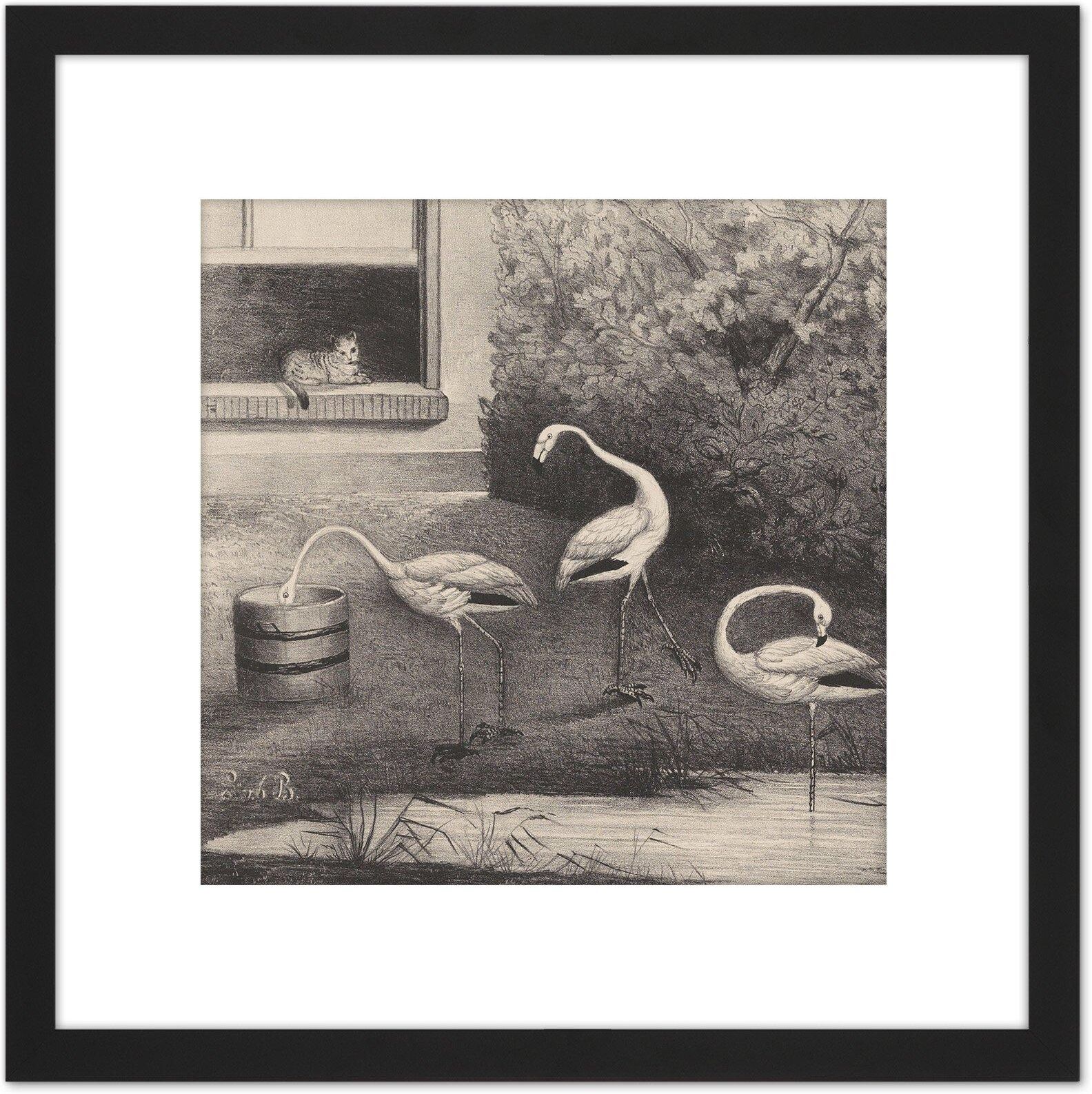 Artery8 Van Der Beek Three Flamingos Window Cat Drawing 8X8 Inch Square Wooden Framed Wall Art Print Picture with Mount