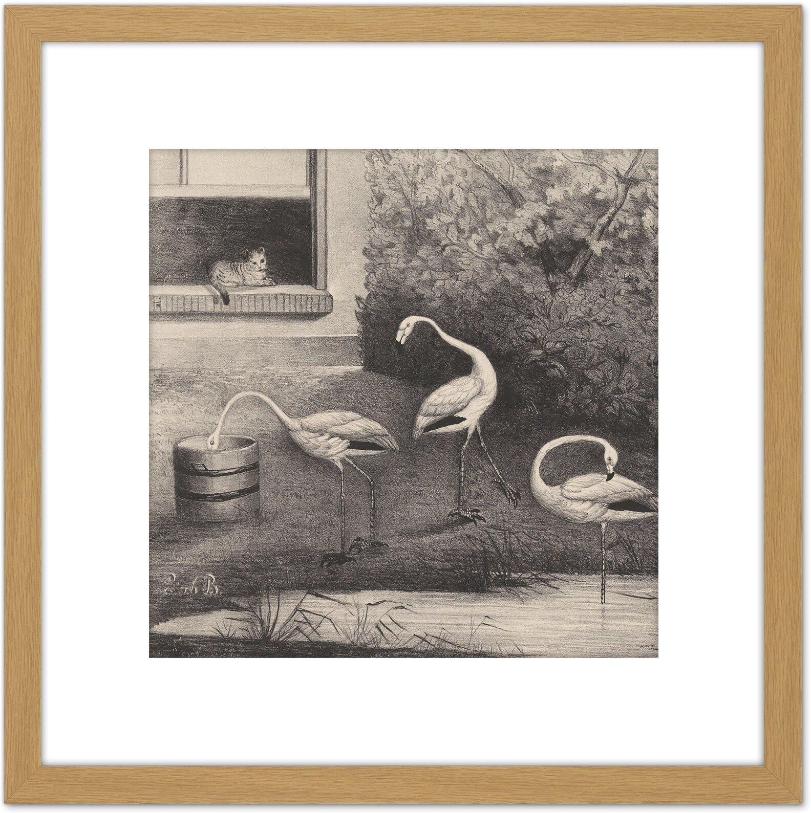 Artery8 Van Der Beek Three Flamingos Window Cat Drawing 8X8 Inch Square Wooden Framed Wall Art Print Picture with Mount