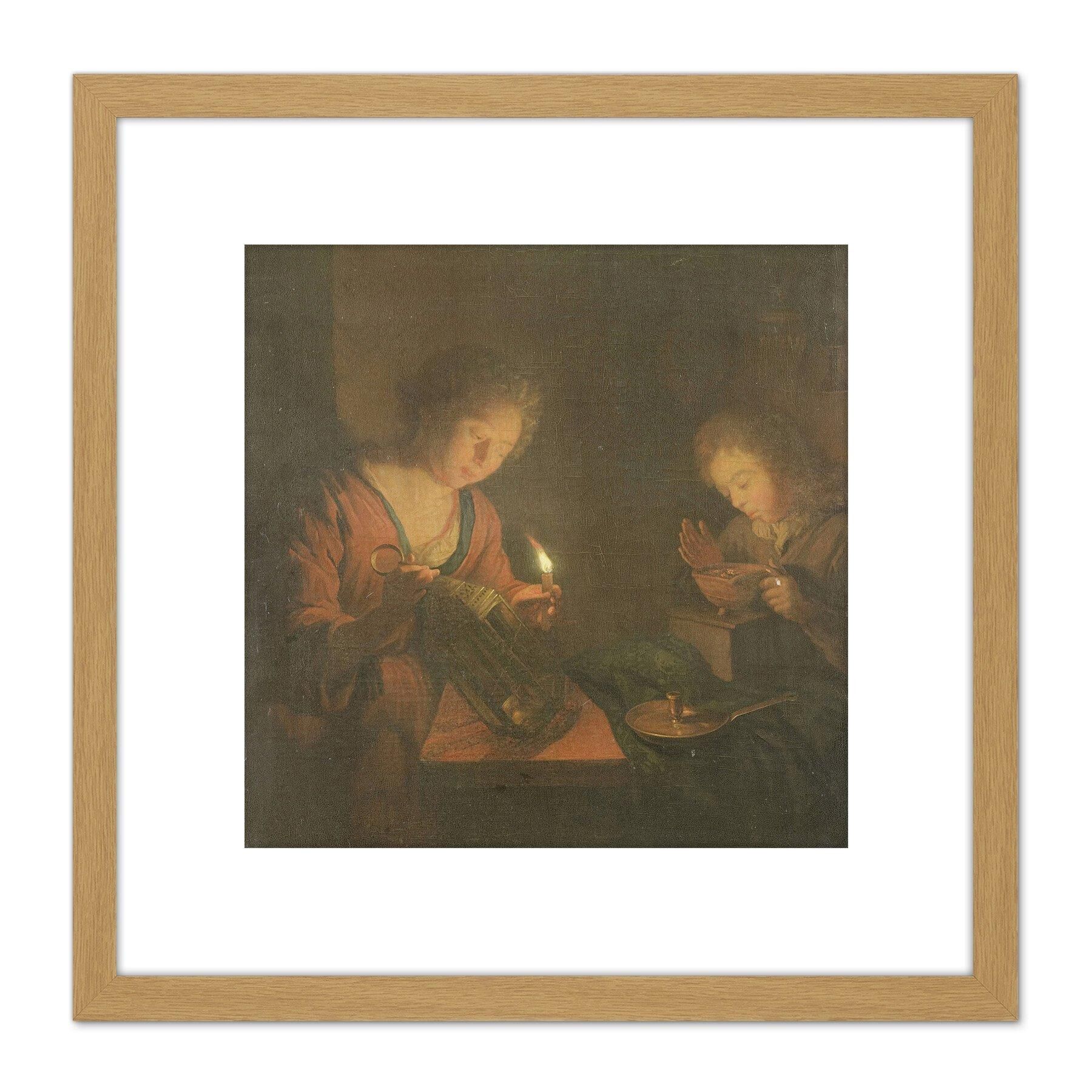 Artery8 Schalcken Fire And Light Candle Coals Painting 8X8 Inch Square Wooden Framed Wall Art Print Picture with Mount