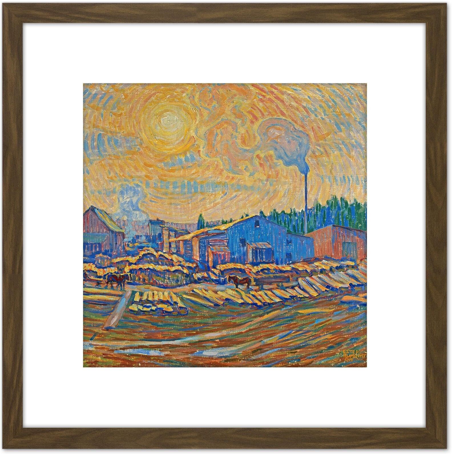 Artery8 Ester Almqvist The Sawmill December Sun 8X8 Inch Square Wooden Framed Wall Art Print Picture with Mount