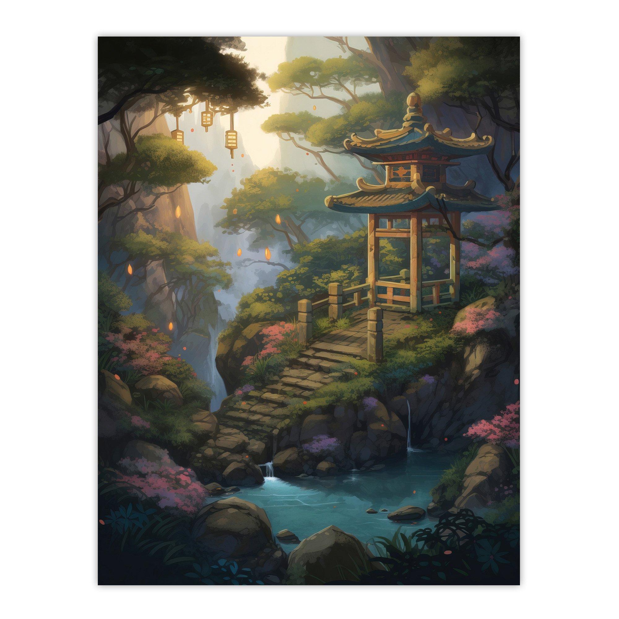 Artery8 Japan Garden Painting Traditional Tower and Tree Lanterns by Lake Spring Flowers and Bridge Unframed Wall Art Print Poster Home Decor Premium