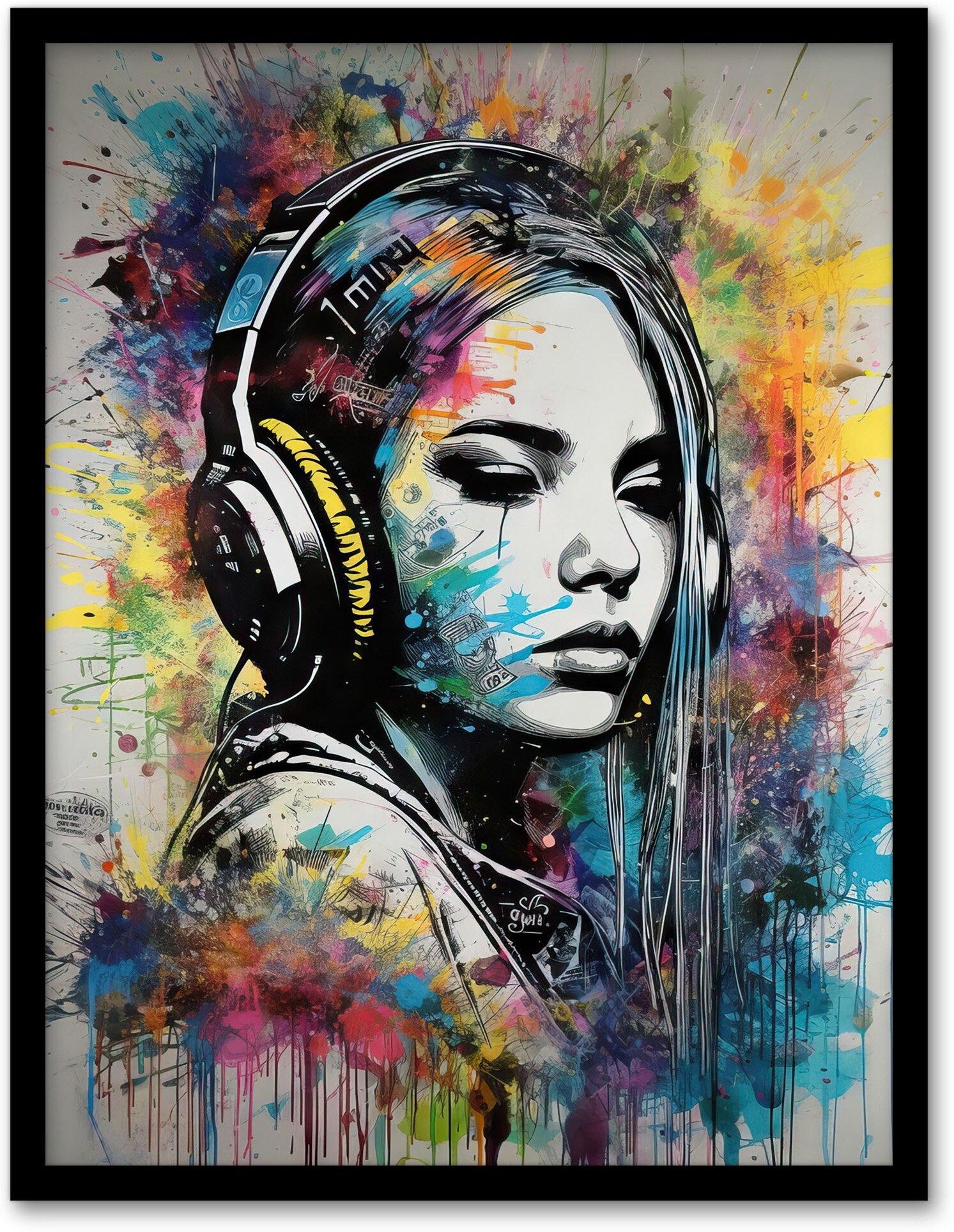 Artery8 Music Girl Headphones Watercolour Grunge Emo Teen Bedroom Art Print Framed Poster Wall Decor