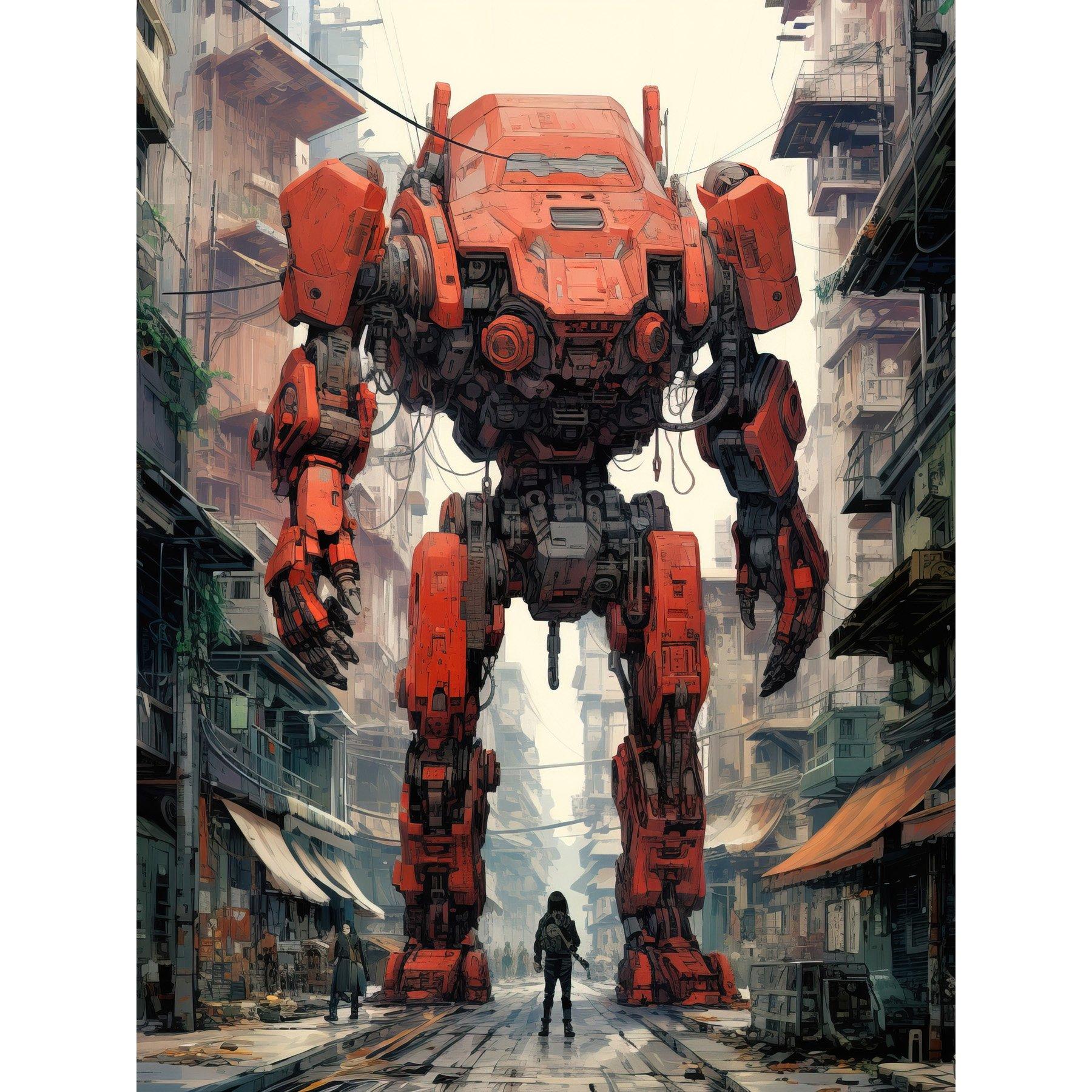 Artery8 Red Mecha Robot in City Street Anime Sci-Fi Artwork Giant Humanoid Machine Fantasy Science Fiction Unframed Wall Art Print Poster Home Decor Premium