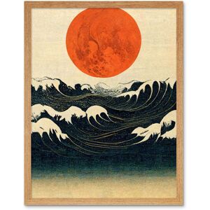 Artery8 Wall Art Print Minimalist Large Orange Moon Over Ocean Waves Ukiyo-e Style Art Framed in Light Oak Size: W12" x H16" Light Oak W12" x H16" Artery8 Wall Art Print Minimalist Large Orange Moon Over Ocean Waves Ukiyo-e Style Art Framed in Light Oak Size: W12" x H16" Light Oak W12" x H16"