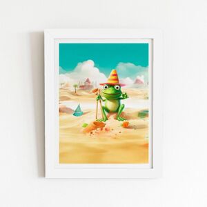 Warren Reed - Designer Happy Frog On A Beach Holiday Framed Art Print in White Size: W16" x H24" White W16" x H24" Warren Reed - Designer Happy Frog On A Beach Holiday Framed Art Print in White Size: W16" x H24" White W16" x H24"