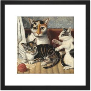 Artery8 Painting 19th Century American Cat & Kittens 8X8 Inch Square Wooden Framed Wall Art Print Picture with Mount in Black Black Artery8 Painting 19th Century American Cat & Kittens 8X8 Inch Square Wooden Framed Wall Art Print Picture with Mount in Black Black