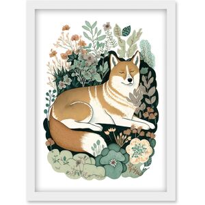 Artery8 Shiba Inu Dog Lying in Flower Field Modern Stylised Illustration Artwork Framed Wall Art Print A4 in White White Artery8 Shiba Inu Dog Lying in Flower Field Modern Stylised Illustration Artwork Framed Wall Art Print A4 in White White