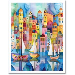 Artery8 Wall Art Print Modern Marina Colourful Cityscape Pattern Folk Art Watercolour Painting Art Framed in White Size: W12" x H16" White W12" x H16" Artery8 Wall Art Print Modern Marina Colourful Cityscape Pattern Folk Art Watercolour Painting Art Framed in White Size: W12" x H16" White W12" x H16"