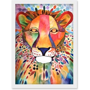Artery8 Lion With Multicoloured Pattern Mane Folk Art Watercolour Painting Artwork Framed Wall Art Print A4 in White White Artery8 Lion With Multicoloured Pattern Mane Folk Art Watercolour Painting Artwork Framed Wall Art Print A4 in White White