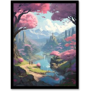 Artery8 Wall Art Print Cherry Blossoms by River Bright Painting Springtime Blooming Pink Trees in Coastal Fishing Village Landscape Art Framed Blue W12" x H16" Artery8 Wall Art Print Cherry Blossoms by River Bright Painting Springtime Blooming Pink Trees in Coastal Fishing Village Landscape Art Framed Blue W12" x H16"