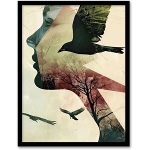 Artery8 Abstract Woman Profile Portrait Crows Trees Dark Framed Art Print in Beige Size: W12" x H16" Beige W12" x H16" Artery8 Abstract Woman Profile Portrait Crows Trees Dark Framed Art Print in Beige Size: W12" x H16" Beige W12" x H16"
