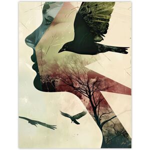 Artery8 Abstract Woman Profile Portrait Crows Trees Dark Wall Art Print in Beige Size: W12" x H16" Beige W12" x H16" Artery8 Abstract Woman Profile Portrait Crows Trees Dark Wall Art Print in Beige Size: W12" x H16" Beige W12" x H16"