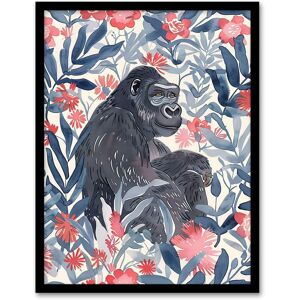 Artery8 Gorilla Ape & Pink Tropical Flowers Watercolour Framed Wall Art in Blue Size: W12" x H16" Blue W12" x H16" Artery8 Gorilla Ape & Pink Tropical Flowers Watercolour Framed Wall Art in Blue Size: W12" x H16" Blue W12" x H16"