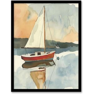 Artery8 Red Sailboat in Tranquil Sea Harbour Watercolour Framed Art Print in Blue Size: W12" x H16" Blue W12" x H16" Artery8 Red Sailboat in Tranquil Sea Harbour Watercolour Framed Art Print in Blue Size: W12" x H16" Blue W12" x H16"