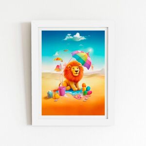 Warren Reed - Designer Lion On A Beach Holiday Framed Art Print in White Size: W16" x H24" White W16" x H24" Warren Reed - Designer Lion On A Beach Holiday Framed Art Print in White Size: W16" x H24" White W16" x H24"