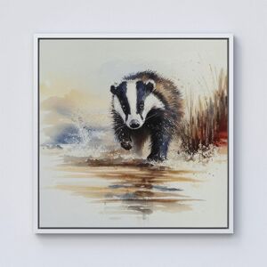 Warren Reed - Designer Wading Badger Watercolour Framed Canvas in Off-White Size: w10 inch x h10 inch Off-White w10 inch x h10 inch Warren Reed - Designer Wading Badger Watercolour Framed Canvas in Off-White Size: w10 inch x h10 inch Off-White w10 inch x h10 inch