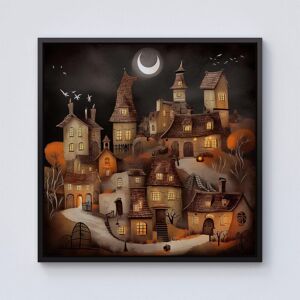 Warren Reed - Designer Spooky Halloween Village Framed Canvas in Black Size: w40 inch x h40 inch Black w40 inch x h40 inch Warren Reed - Designer Spooky Halloween Village Framed Canvas in Black Size: w40 inch x h40 inch Black w40 inch x h40 inch