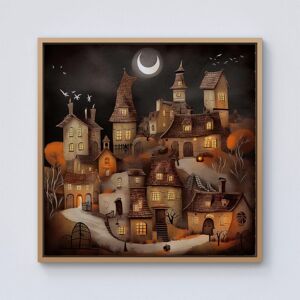 Warren Reed - Designer Spooky Halloween Village Framed Canvas in Light Brown Size: w40 inch x h40 inch Light Brown w40 inch x h40 inch Warren Reed - Designer Spooky Halloween Village Framed Canvas in Light Brown Size: w40 inch x h40 inch Light Brown w40 inch x h40 inch