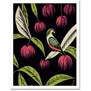 Artery8 Wall Art Print Parrot in Tree Fruit Bright Green & Pink Black Colour Linocut Modern Vintage Art Framed in White Size: W12" x H16" White W12" x H16" Artery8 Wall Art Print Parrot in Tree Fruit Bright Green & Pink Black Colour Linocut Modern Vintage Art Framed in White Size: W12" x H16" White W12" x H16"