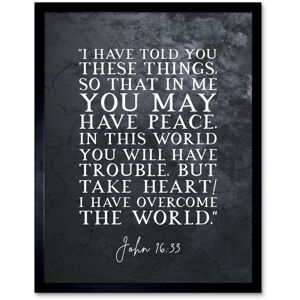 Artery8 Wall Art Print John 16:33 Peace Take Heart I have Overcome the World Christian Bible Verse Quote Scripture Typography Art Framed Black W12" x H16" Artery8 Wall Art Print John 16:33 Peace Take Heart I have Overcome the World Christian Bible Verse Quote Scripture Typography Art Framed Black W12" x H16"