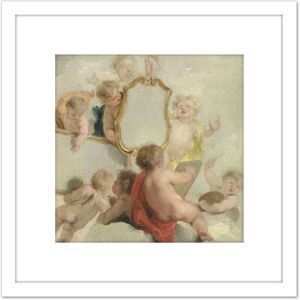 Artery8 De Wit Putti With Mirrors Cherub Babies Painting 8X8 Inch Square Wooden Framed Wall Art Print Picture with Mount in White White Artery8 De Wit Putti With Mirrors Cherub Babies Painting 8X8 Inch Square Wooden Framed Wall Art Print Picture with Mount in White White