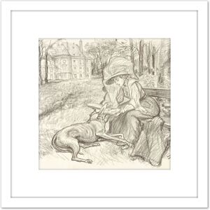 Artery8 Jeanniot Young Woman Dog Charcoal Drawing 8X8 Inch Square Wooden Framed Wall Art Print Picture with Mount in White White Artery8 Jeanniot Young Woman Dog Charcoal Drawing 8X8 Inch Square Wooden Framed Wall Art Print Picture with Mount in White White