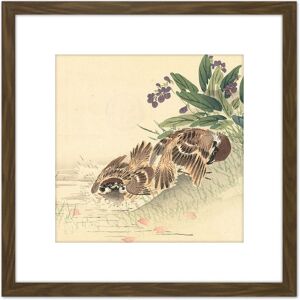 Artery8 Kono Bairei Bathing Tree Sparrow Japan Woodblock 8X8 Inch Square Wooden Framed Wall Art Print Picture with Mount in Brown Brown Artery8 Kono Bairei Bathing Tree Sparrow Japan Woodblock 8X8 Inch Square Wooden Framed Wall Art Print Picture with Mount in Brown Brown