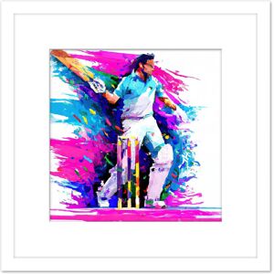 Artery8 Sports Cricket Colourful Pink Blue Batsman Watercolour Oil Painting Square Wooden Framed Wall Art Print Picture 8X8 Inch in White White Artery8 Sports Cricket Colourful Pink Blue Batsman Watercolour Oil Painting Square Wooden Framed Wall Art Print Picture 8X8 Inch in White White
