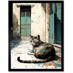 Artery8 Wall Art Print Street Cat Sunbathing on Cobblestone Street Modern Art Framed in Black Size: W12" x H16" Black W12" x H16" Artery8 Wall Art Print Street Cat Sunbathing on Cobblestone Street Modern Art Framed in Black Size: W12" x H16" Black W12" x H16"