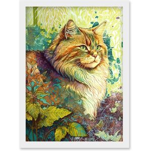 Artery8 Siberian Cat in Nature Vibrant Colourful Modern Portrait Illustration Artwork Framed Wall Art Print A4 in White White Artery8 Siberian Cat in Nature Vibrant Colourful Modern Portrait Illustration Artwork Framed Wall Art Print A4 in White White